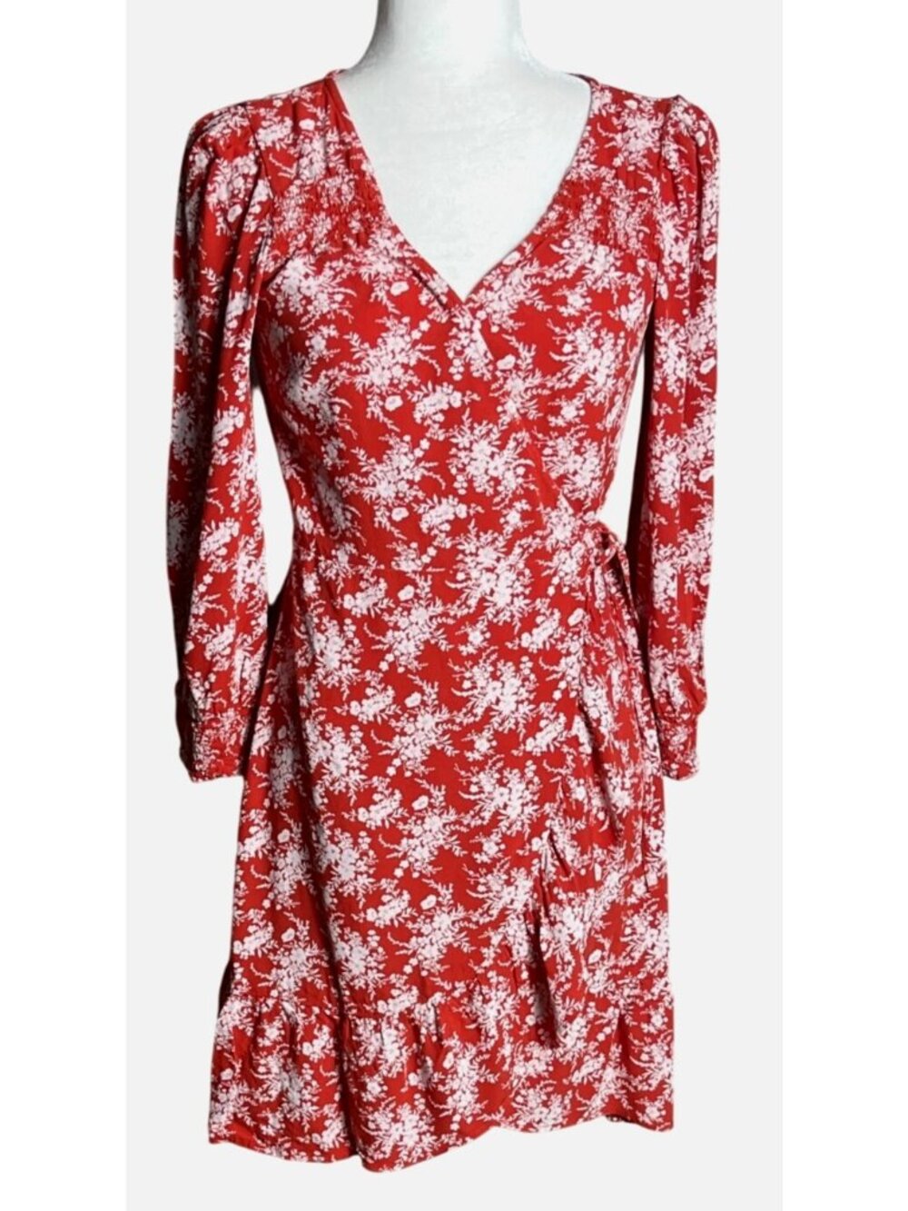 American Eagle Wrap Mini Dress Red Floral Ruffle Long Slv Romantic Grunge Wom S